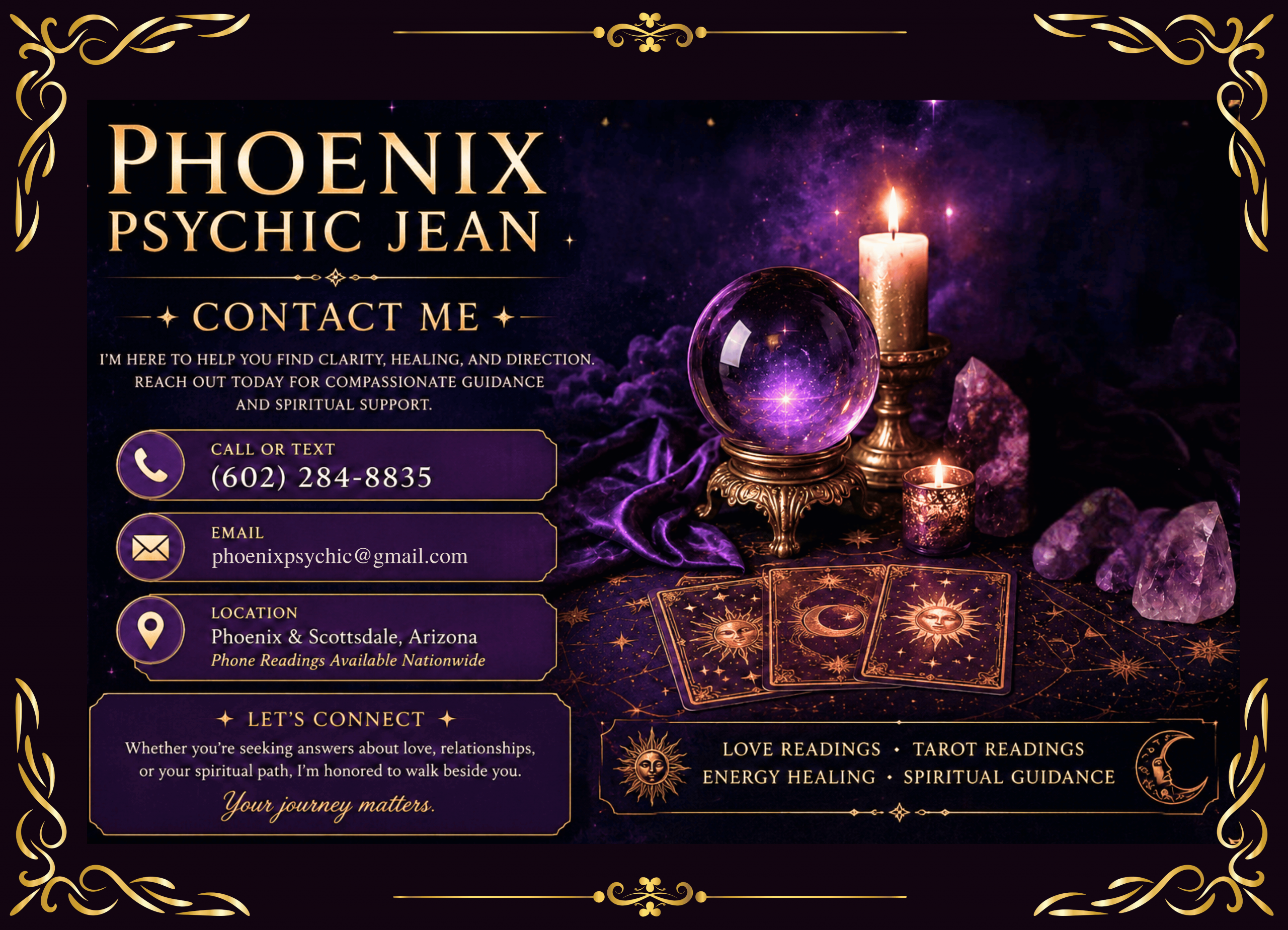 Contact Phoenix Psychic Jean for love readings and spiritual guidance in Phoenix and Scottsdale Arizona